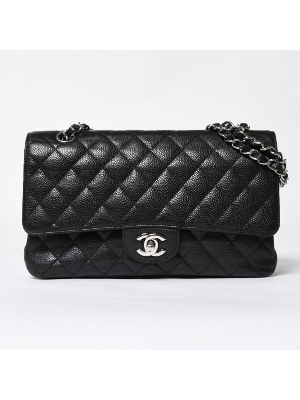 Chanel Quilted 25 Double Flap Chain Shoulder Bag CC Logo Caviar Leather Black